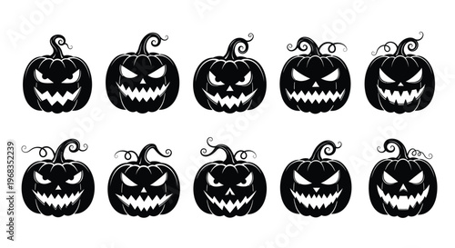 Vector graphic illustration of spooky Halloween jack-o'-lantern pumpkins with scary carved faces on white background.