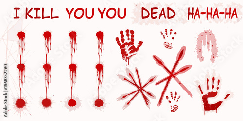 Bloody text and handprints create a disturbing violent horror aesthetic