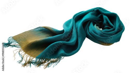Εκτύπωση καμβά Flowing teal and gold silk scarf with delicate fringe, elegantly draped and isol