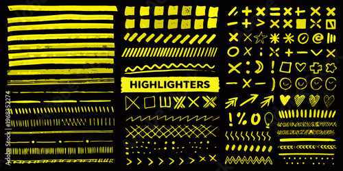 A collection of bright yellow highlighter marks patterns and doodles on black