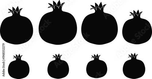 Set of pomegranate silhouettes in various sizes featuring different fruit shapes and crown details for healthy food and organic product design.