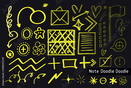 Collection of hand drawn yellow doodle shapes and arrows on black background