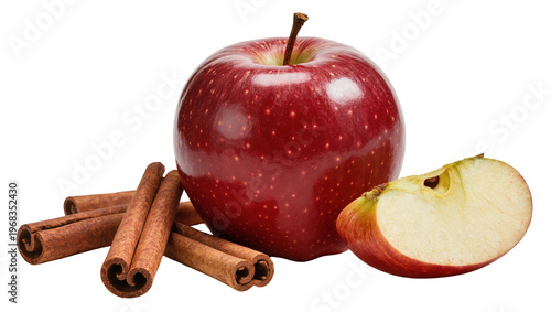 Fotografie Vibrant red apple with a green stem alongside several cinnamon sticks and a halv