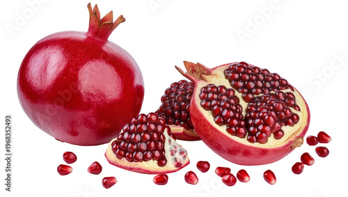 Ripe crimson pomegranate fruit whole and halved displaying juicy red arils scattered around, isolated on transparent background for healthy food designs