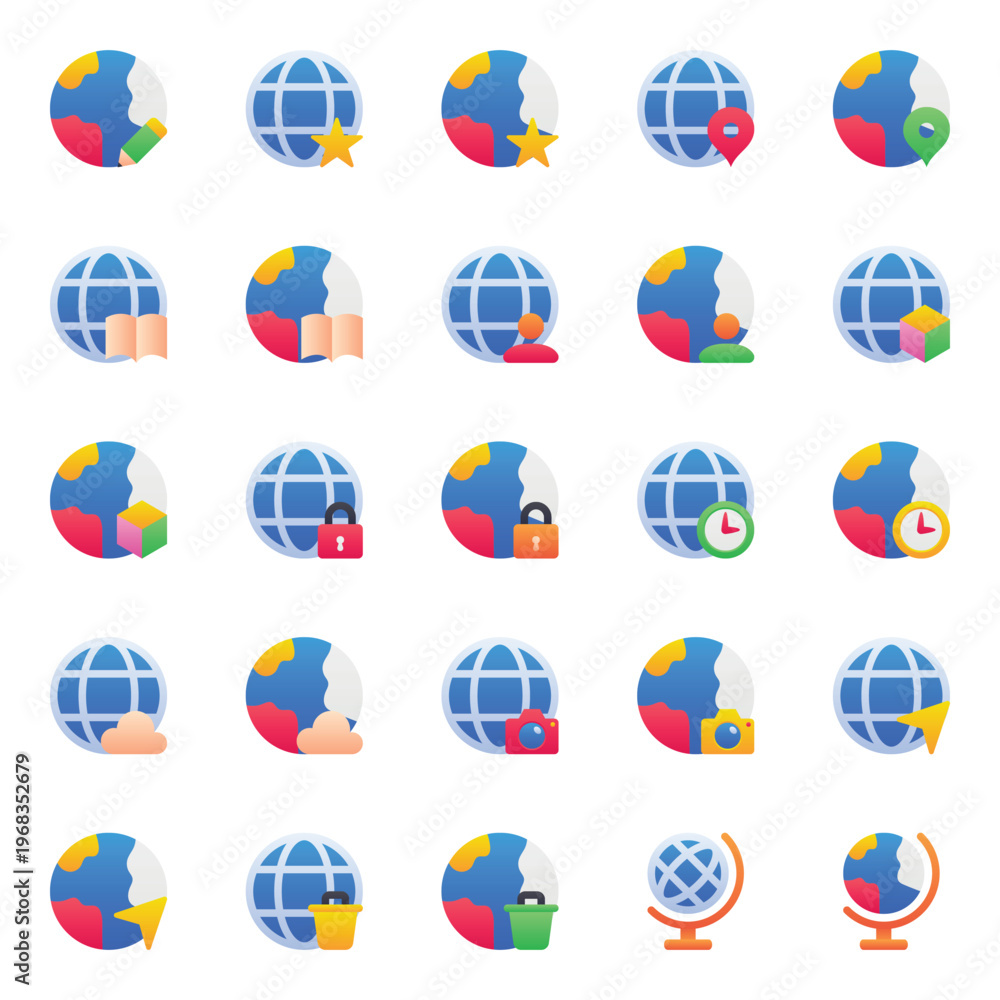 Fototapeta premium Gradient color icons set for World globe network