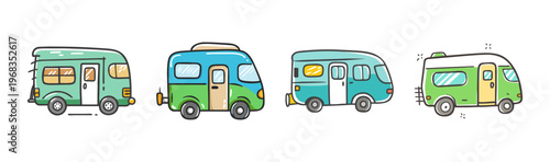 Collection of four colorful cartoon camper vans and RVs for travel adventures.