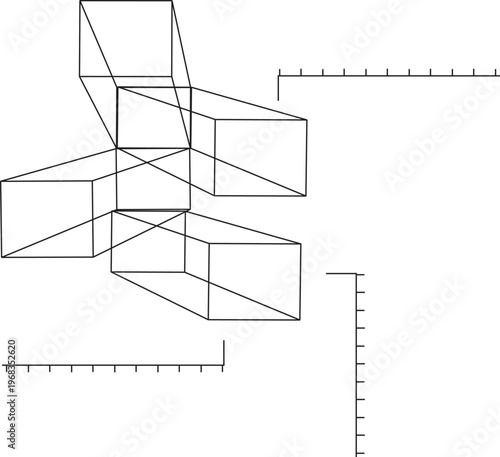 3D Geometric Wireframe Illustration - Technical Architectural Blueprint Vector