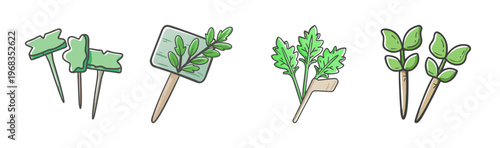 Hand drawn garden plant markers and seedling labels, green botanical herb tags for vegetable gardening, organic farm nursery plant stakes