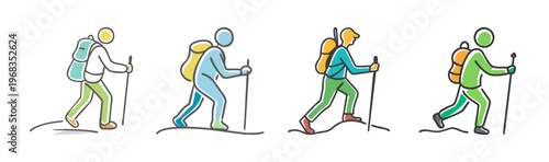 Minimalist hiking icons set, colorful stick figure backpackers walking with trekking poles, outdoor adventure and mountaineering svg elements