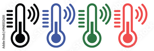 Thermometer icons in black, blue, green, and red, depicting temperature levels with signal waves
