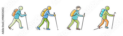 Four hikers with backpacks and walking sticks trekking on a mountain trail, vector art.
