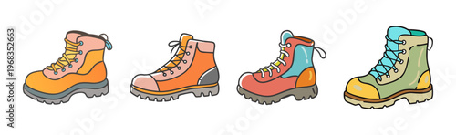 Colorful hiking boots collection, set of 4 outdoor trekking shoes in flat vector style, durable mountain climbing footwear for adventure travel