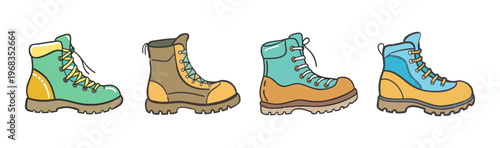 Colorful hiking boots set, 4 outdoor trekking shoes icons, hand drawn adventure footwear illustrations, mountain climbing gear svg
