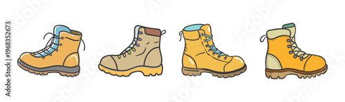 Four pairs of sturdy, cartoon-style hiking boots for outdoor adventures.