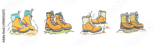 Four pairs of sturdy yellow hiking boots displayed on different terrains and trails.