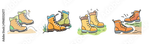 Hiking boots collection, hand drawn outdoor trekking shoes, set of 4 colorful mountain climbing footwear illustrations, adventure gear svg