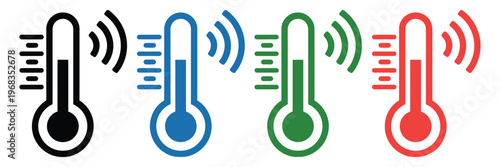 Thermometer icons in black, blue, green, and red, showing temperature and signal waves, hand drawn vector illustration representing heat