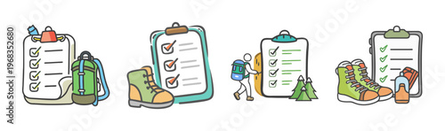 Hiking preparation checklist icons, outdoor adventure equipment set, camping gear planning illustrations, 4 travel packing list SVG elements