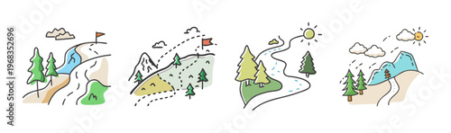 Hand drawn mountain landscape icons, set of 4 nature adventure SVG illustrations, colorful doodle hiking trail and forest scenery graphics
