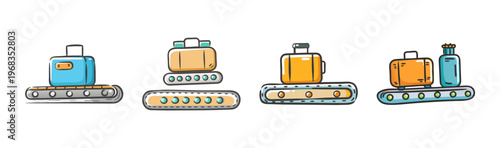 Hand-drawn airport luggage conveyor belt icons, colorful travel suitcase on moving carousel, baggage claim delivery system vector set
