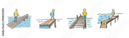 People standing and walking on wooden piers over blue water at different angles.