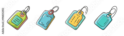 Hand drawn luggage tags set, colorful travel identification labels with metal rings, 4 cartoon style baggage name tags for tourism and vacation