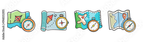 Hand drawn travel map and compass icons, set of 4 colorful navigation illustrations, adventure and exploration vector graphics for tourism