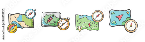 Collection of four illustrated maps and compasses for navigation and adventure.
