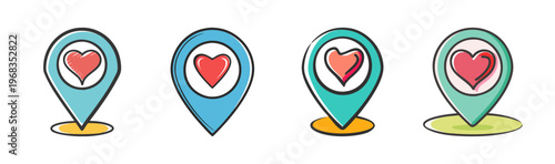 Colorful map pin icons with red hearts, set of 4 location markers in flat cartoon style, romantic destination pointers for travel apps
