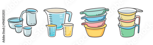 Set of colorful measuring cups and bowls for baking, kitchenware, cooking tools