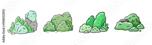 Hand drawn green bushes and shrubs set, 4 garden plant clusters in doodle style, organic nature landscape elements for game design and maps