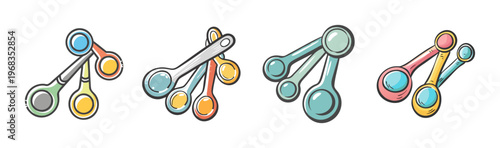 Colorful measuring spoons set, kitchen baking tools icons, culinary measurement equipment in flat cartoon style, 4 sets of colorful utensils