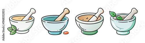 Hand-drawn mortar and pestle vector set, 4 apothecary bowl icons with herbs, medicinal grinding tools for pharmacy and wellness design