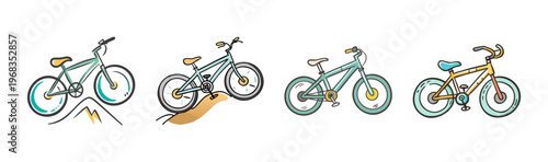 Vintage mountain bike collection, retro hand drawn bicycle set of 4 svg icons, outdoor cycling adventure illustrations on white background