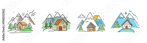 Hand-drawn mountain cabin icons, 4 rustic winter landscape illustrations, cozy alpine cottage vector set, snowy peak and forest scenery