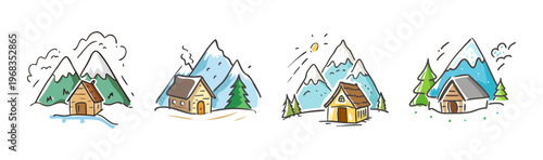 Hand drawn mountain cabin icons, rustic winter cottage illustrations in doodle style, snowy alpine landscape with wooden huts and pine trees