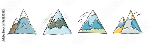 Hand-drawn mountain peak icons, set of 4 snowy mountain vector illustrations, sketchy alpine summit graphics for outdoor adventure branding