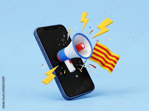 Illustration of a smartphone with a megaphone and a flag emerging from the screen on a blue background with lightning bolts and confetti  symbolizing announcement or promotion