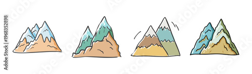 Hand-drawn mountain peaks set, 4 snow-capped mountain range illustrations, rustic sketch style nature icons in SVG format