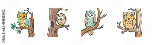 Four cartoon owls perched on tree branches in natural habitat