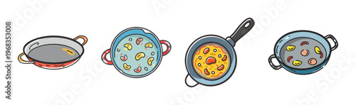 Assortment of paella pans and dishes, traditional Spanish cuisine preparation