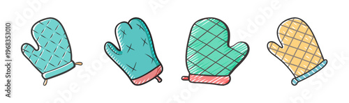 Set of four cartoon oven mitts in various colors and patterns for kitchen safety.