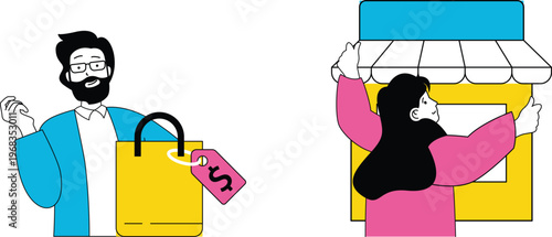 Man offers discount sale bag while woman eagerly shops at storefront with open sign