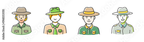 Park ranger avatar icons set, professional forest service character illustrations, scout leader and conservationist portraits in flat line style