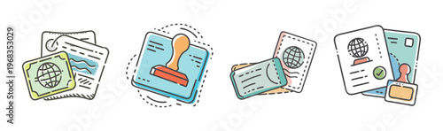 Set of stylized passport stamps and travel documents, symbolizing international travel.