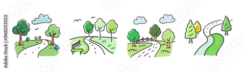 Hand drawn park landscape icons, set of 4 nature scene illustrations, winding garden paths with green trees and clouds, cute outdoor park sketches