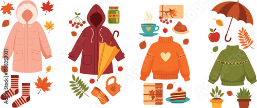Autumn clothing and cozy elements vector set with jackets sweaters umbrella leaves and seasonal accessories collection for fall fashion design isolated on white
