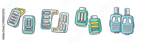 Cartoon car pedals set, automotive foot pedal icons in hand drawn style, blue and yellow vehicle accelerator and brake pedals, 4 svg elements