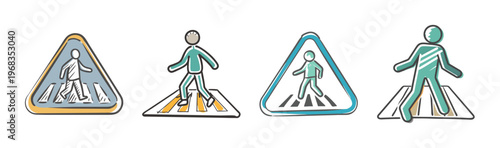 Pedestrian crossing icon set, hand drawn doodle style road safety signs, teal and yellow crosswalk symbols for urban navigation and traffic education