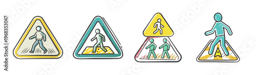 Hand drawn pedestrian crossing signs set, colorful doodle style road safety icons, 4 triangular traffic warning symbols for urban navigation
